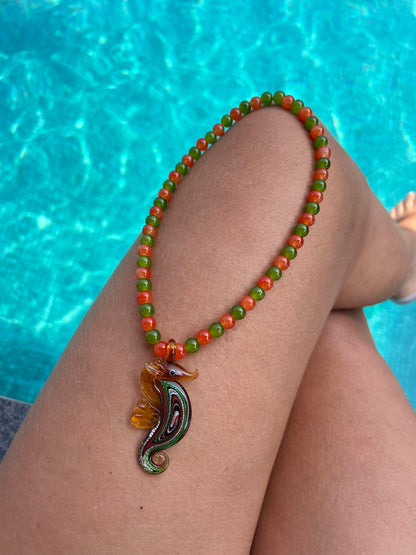 Seahorse Green/Orange Necklace