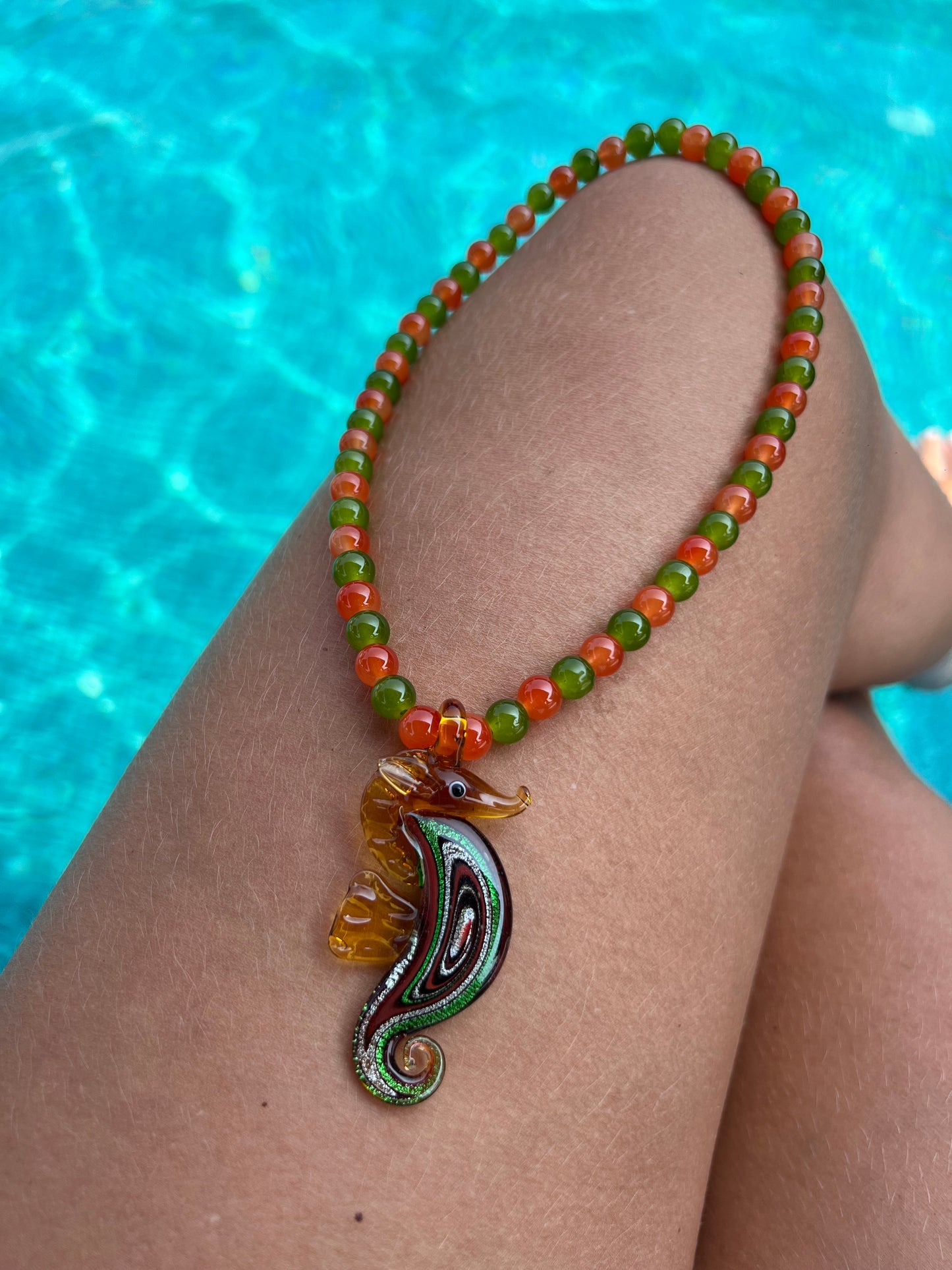 Seahorse Green/Orange Necklace