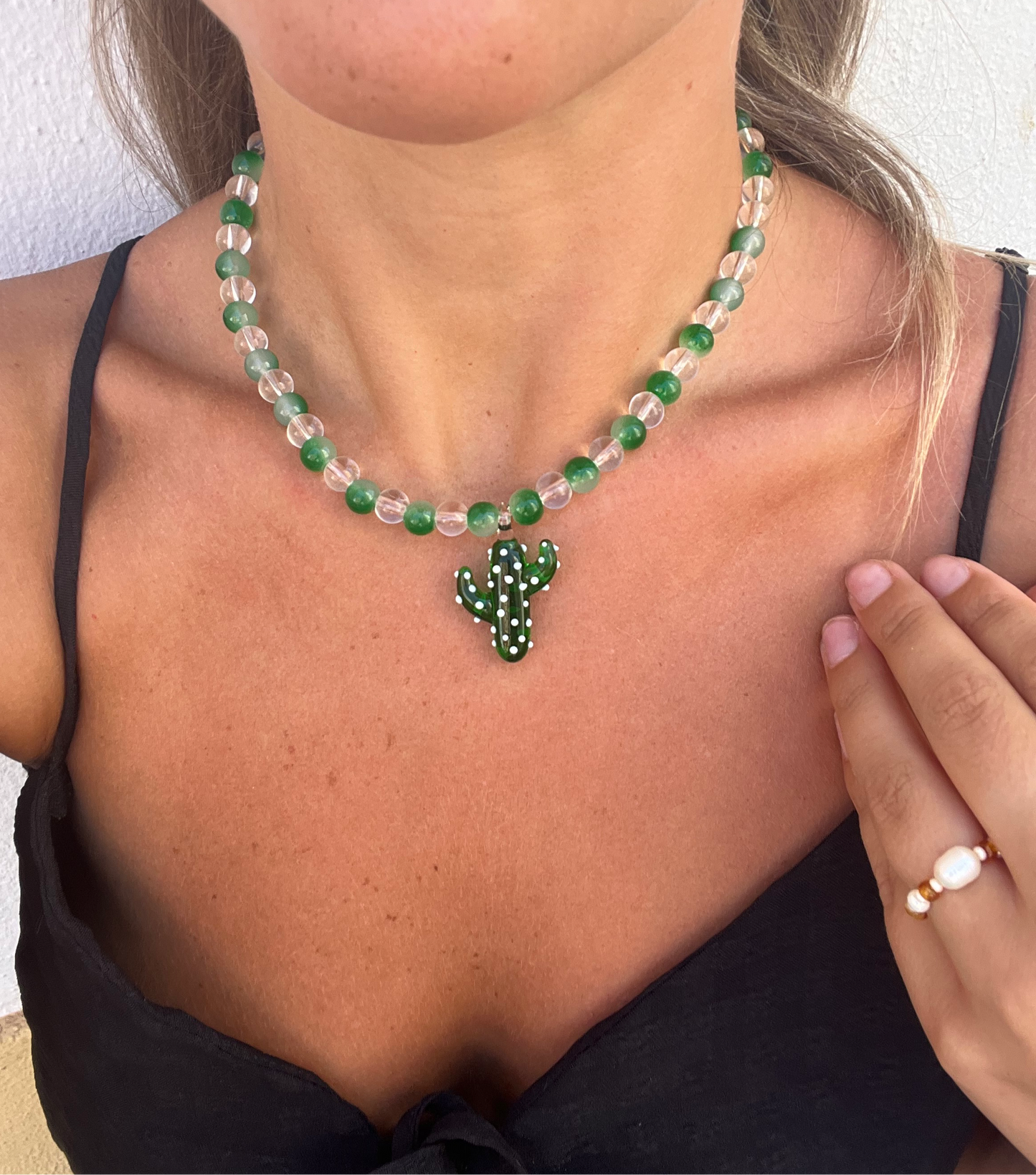 Green Glass Cactus Necklace