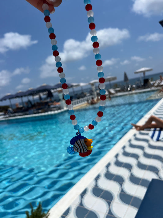 Necklace Fish blu red glass