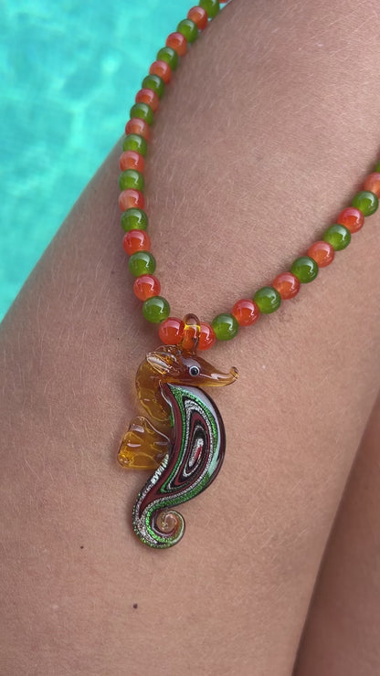 Seahorse Green/Orange Necklace